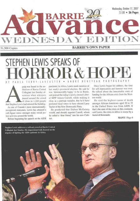 <b>Stephen Lewis: African AIDS Crisis &mdash; The Barrie Advance</b>